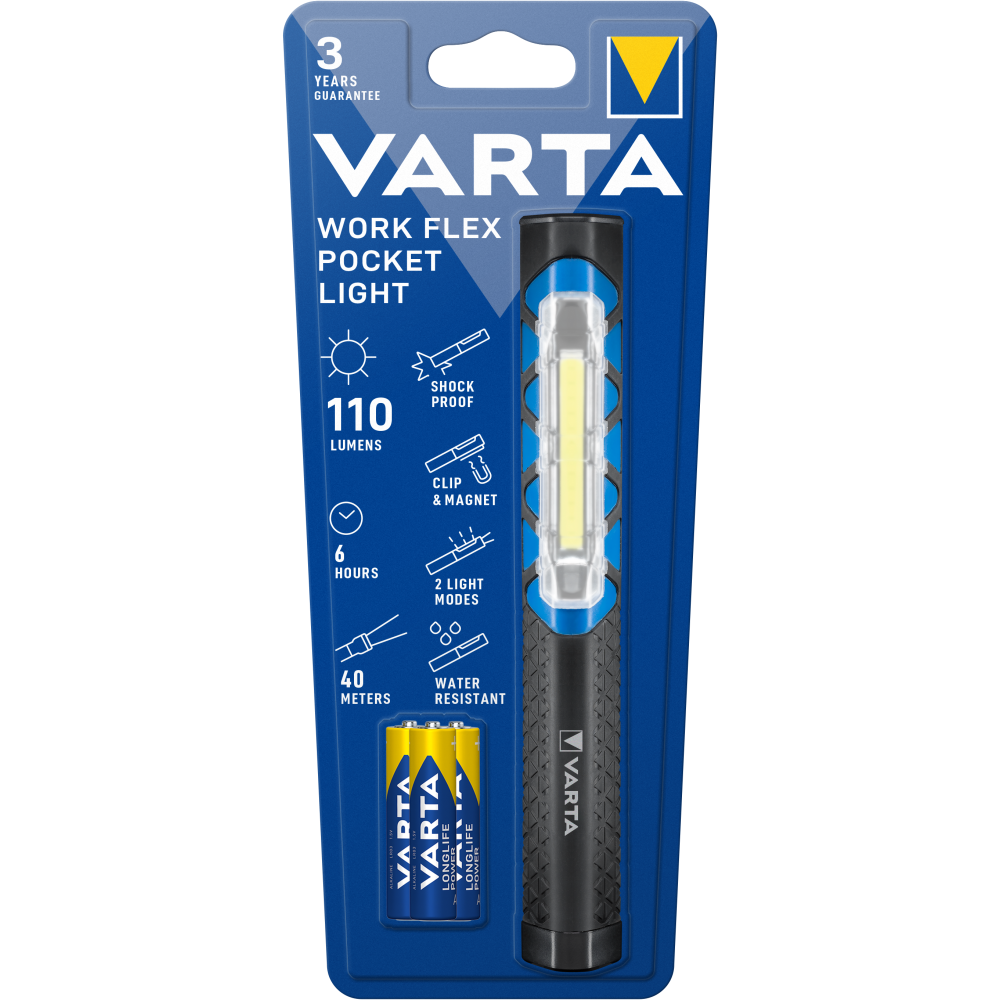 VARTA Work Flex Pocket Light Arbeitsleuchte Taschenlampe mit 3x AAA Batterien