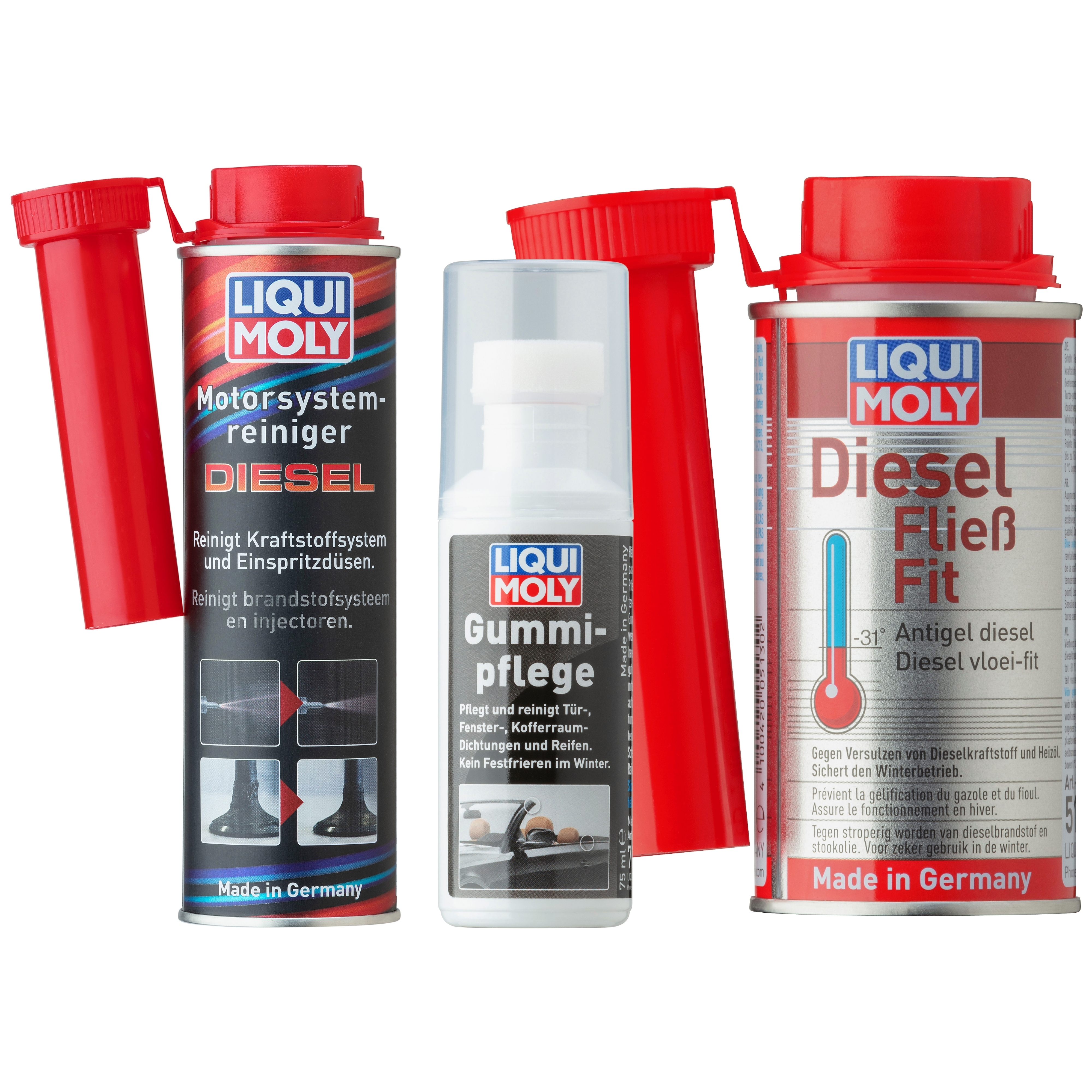 Liqui Moly 1x LM49158 Diesel-Winterpaket Motor System Reiniger Diesel + Diesel Fließ Fit + Gummi-Pflege 5128 300ml, 5130 150ml, 7182 75ml