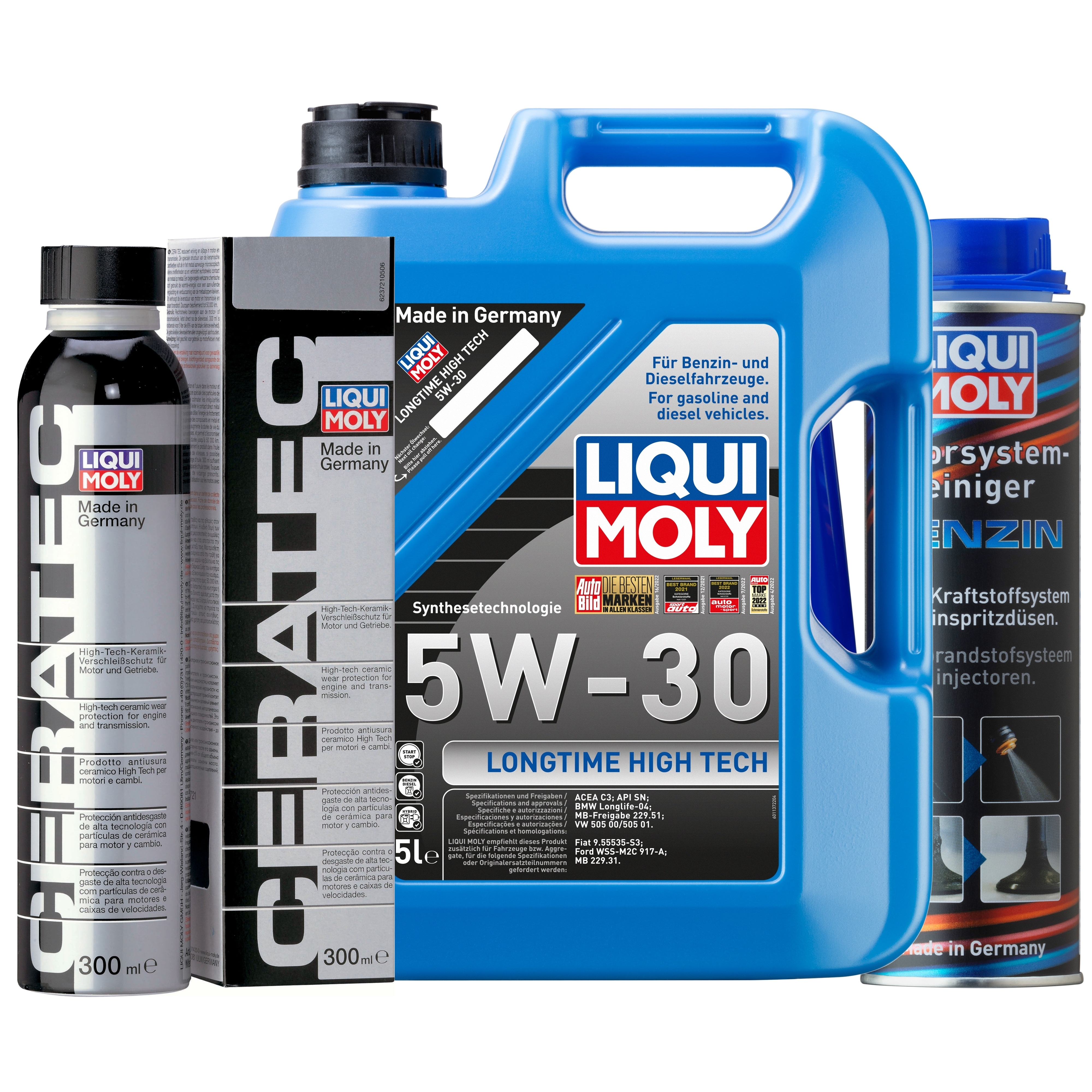 Liqui Moly 1x LM49182 Longtime High Tech 5W-30 5l + Cera Tec 300ml + Motor System Reiniger Benzin 300ml