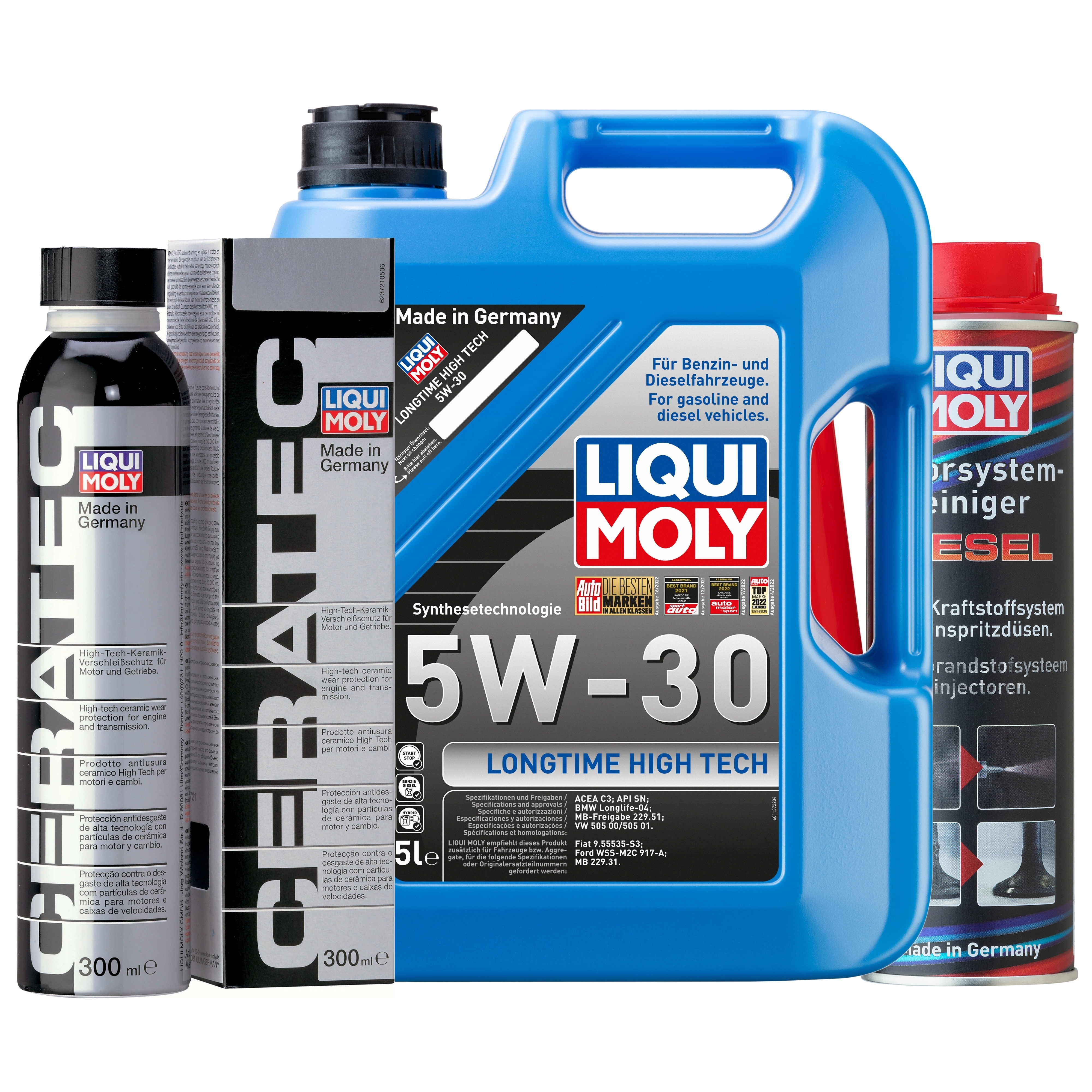 Liqui Moly 1x LM49183 Longtime High Tech 5W-30 5l + Cera Tec 300ml + Motor System Reiniger Diesel 300ml