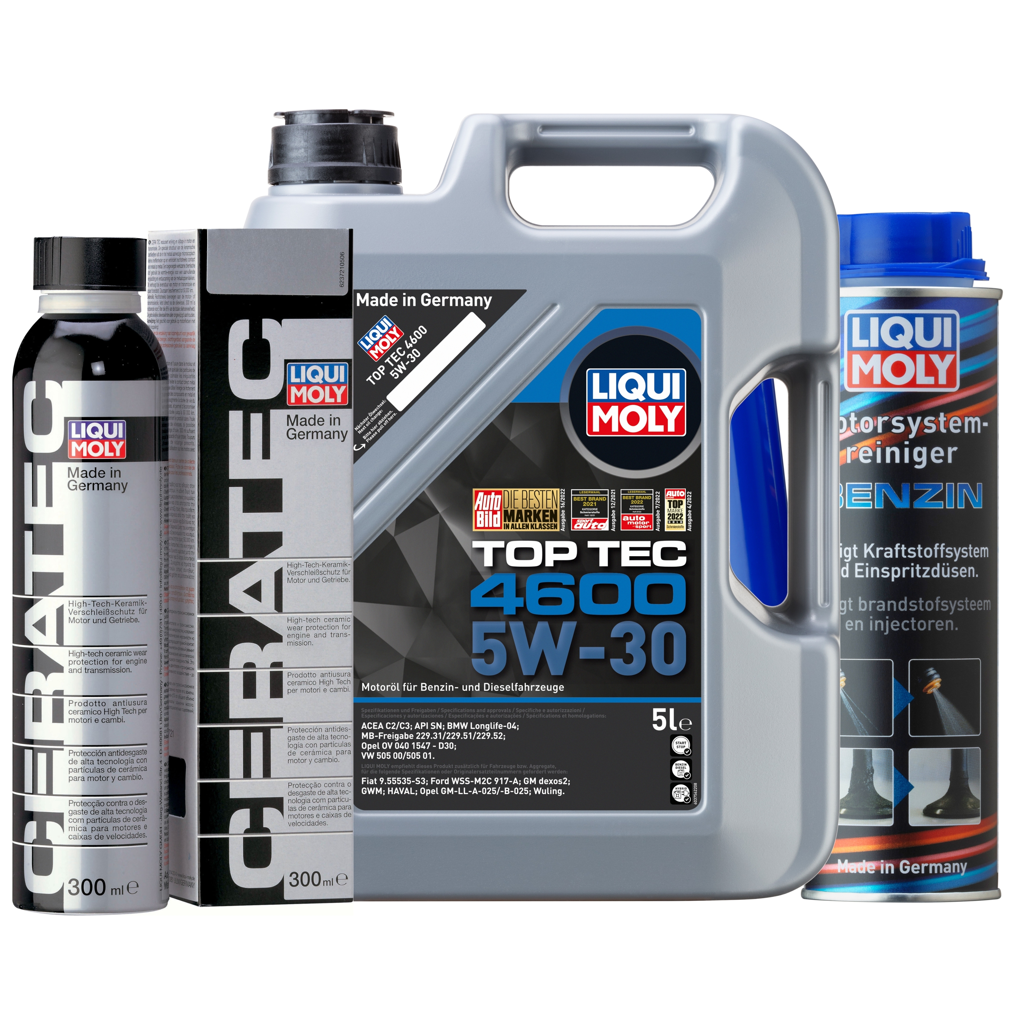 Liqui Moly 1x LM49203 Top Tec 4600 5W-30 5l + Cera Tec 300ml + Motor System Reiniger Benzin 300ml