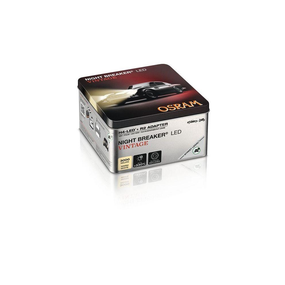 OSRAM NIGHT BREAKER LED VINTAGE H4 + R2 Adapter, 3000K, warmwei&szlig;e Farbtemperatur, bis zu 330% mehr Helligkeit, Gelb