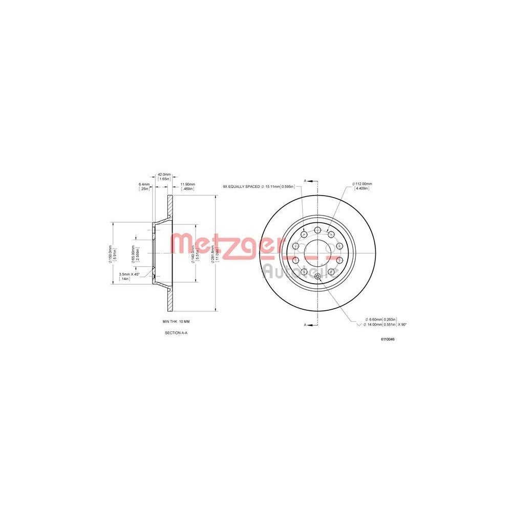 Bremsscheibe METZGER 6110046 für VAG, Hinterachse