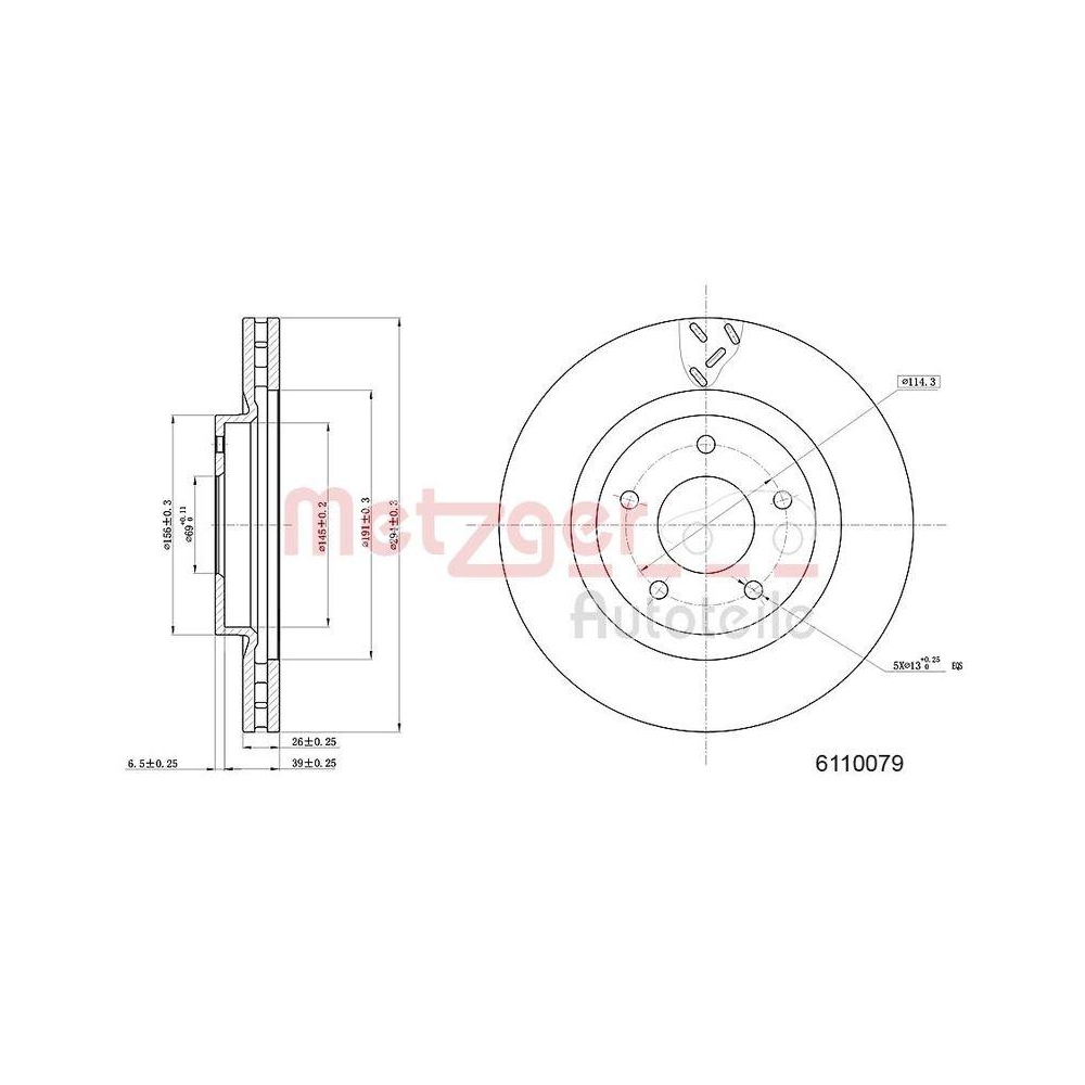 Bremsscheibe METZGER 6110079 f&uuml;r CHRYSLER MITSUBISHI PEUGEOT, Vorderachse links