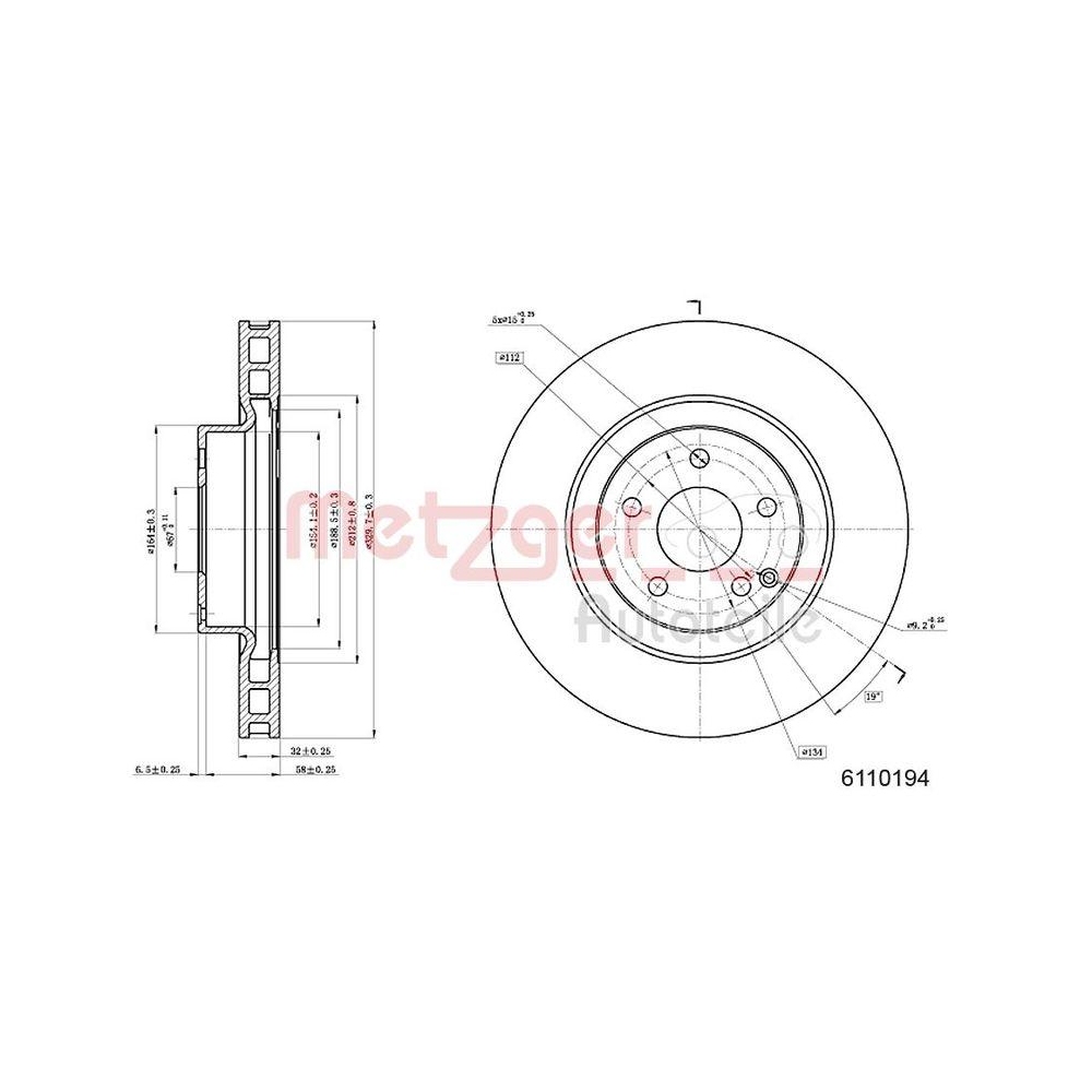 Bremsscheibe METZGER 6110194 f&uuml;r MERCEDES-BENZ, Vorderachse links