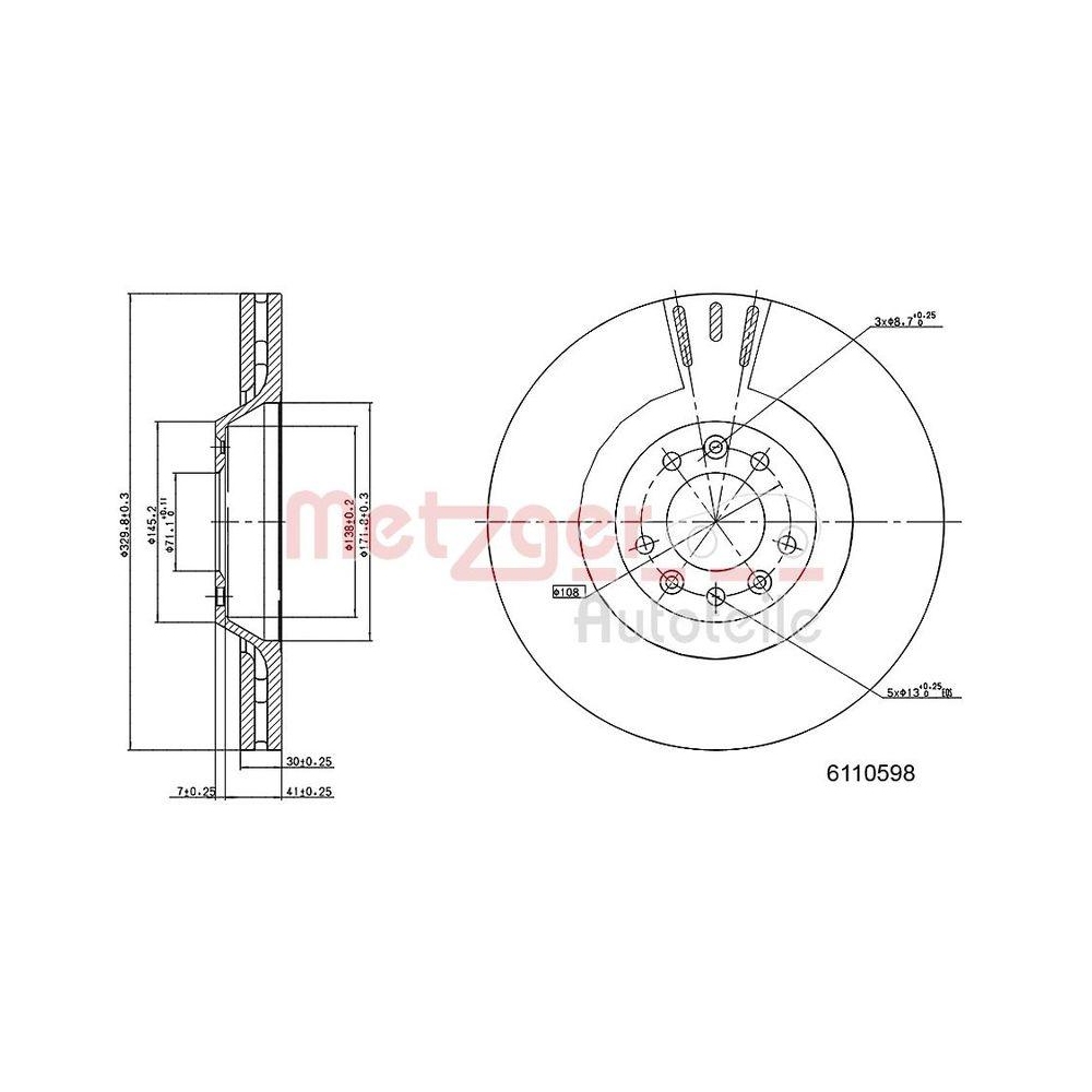 Bremsscheibe METZGER 6110598 f&uuml;r CITRO&Euml;N PEUGEOT DENNISON, Vorderachse links