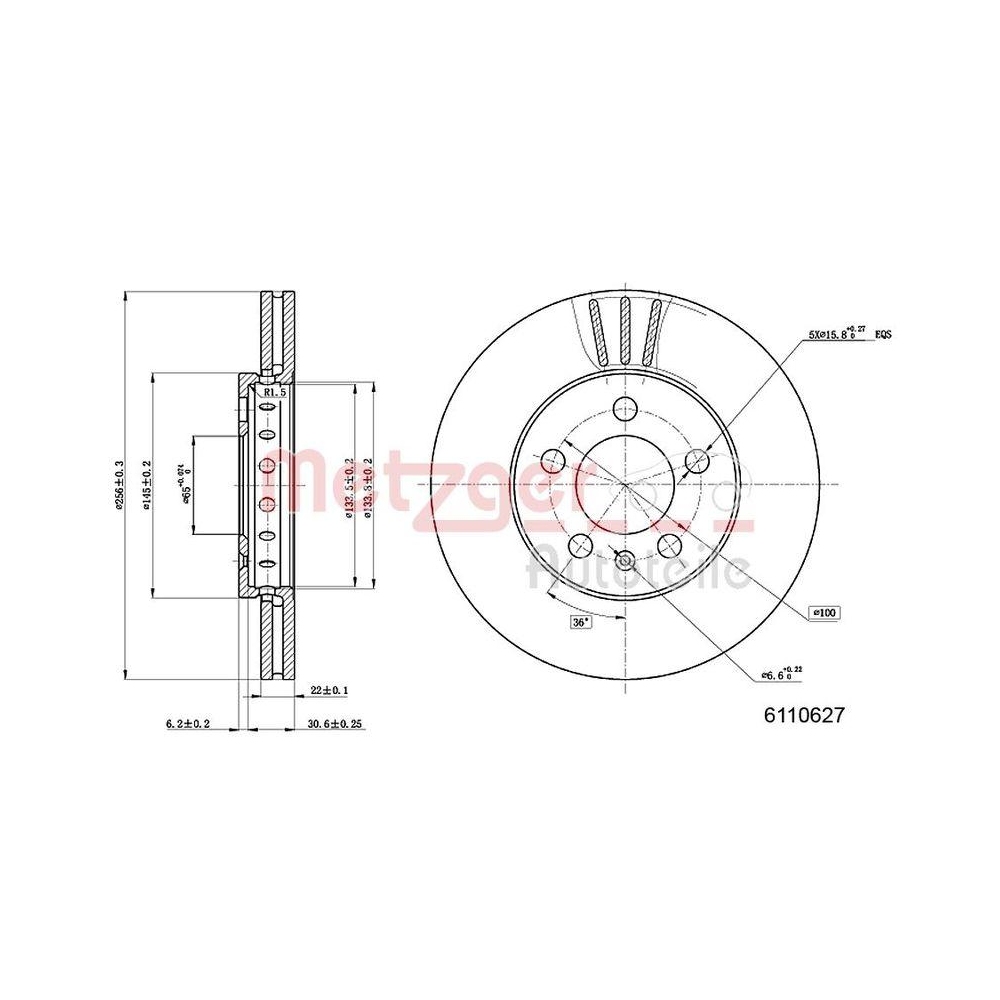 Bremsscheibe METZGER 6110627 f&uuml;r VAG NASR, Vorderachse links, Vorderachse rechts