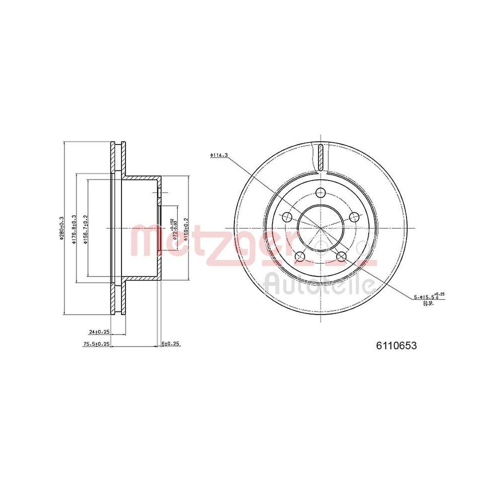 Bremsscheibe METZGER 6110653 für CHRYSLER JEEP, Vorderachse links