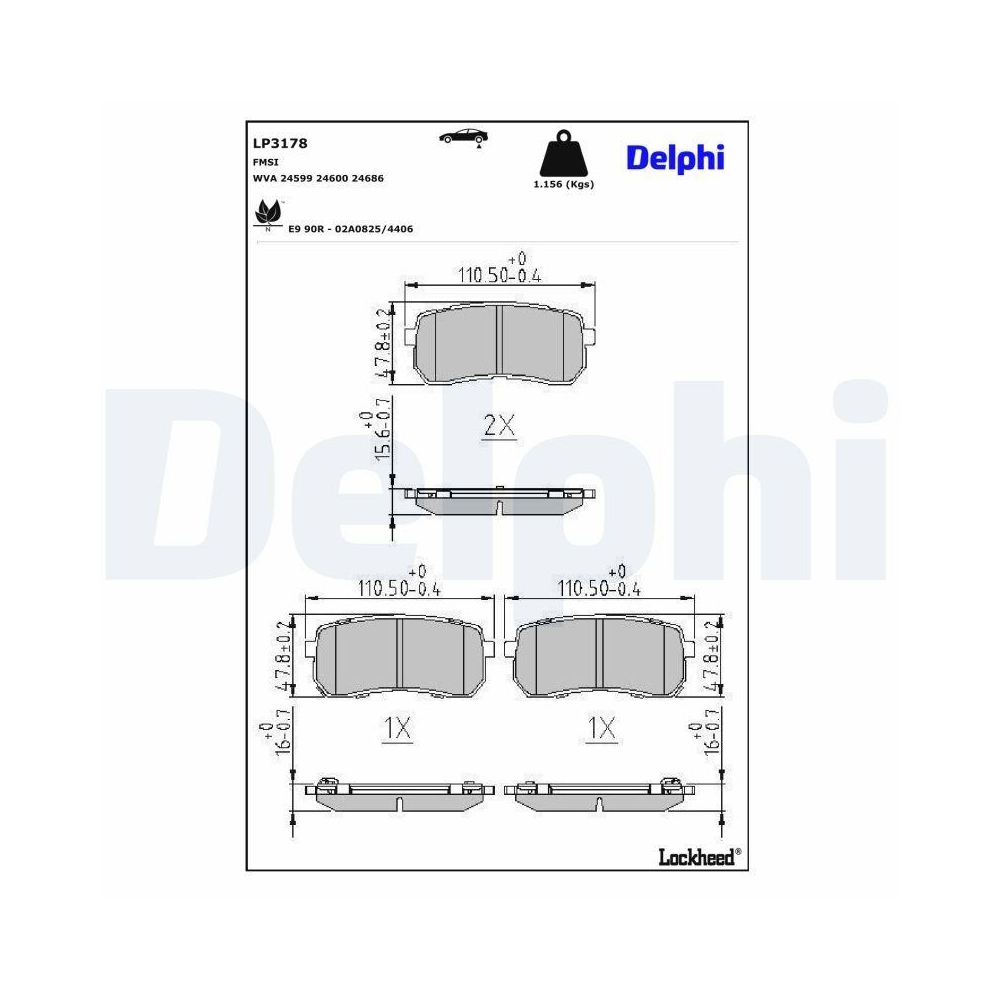 DELPHI LP3178 Bremsbelagsatz, Scheibenbremse f&uuml;r KIA, Hinterachse