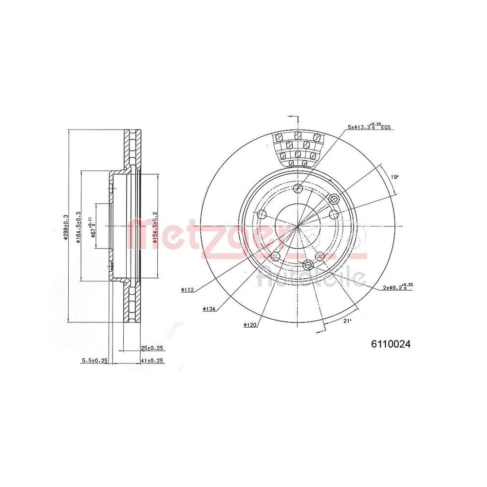 Bremsscheibe METZGER 6110024 f&uuml;r CHRYSLER MERCEDES-BENZ, Vorderachse links
