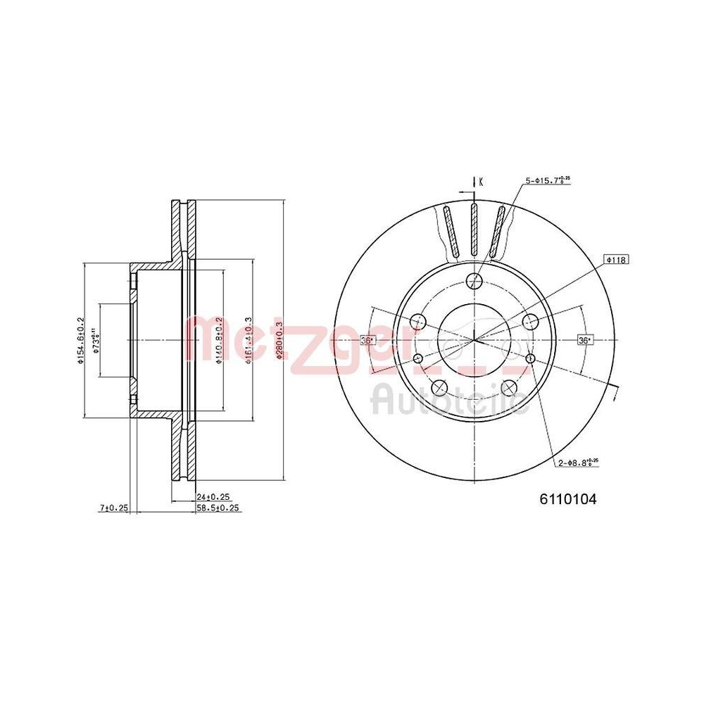 Bremsscheibe METZGER 6110104 f&uuml;r CITRO&Euml;N FIAT TUCKER, Vorderachse links