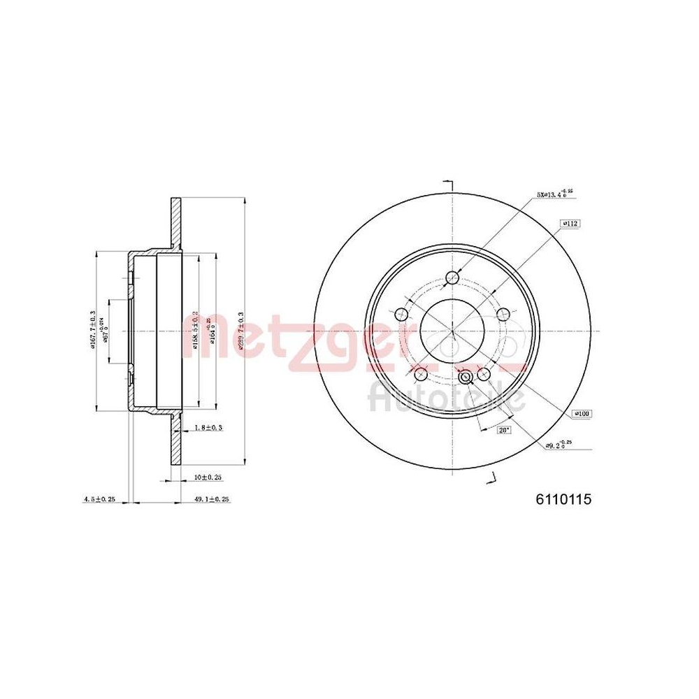 Bremsscheibe METZGER 6110115 f&uuml;r MERCEDES-BENZ, Hinterachse