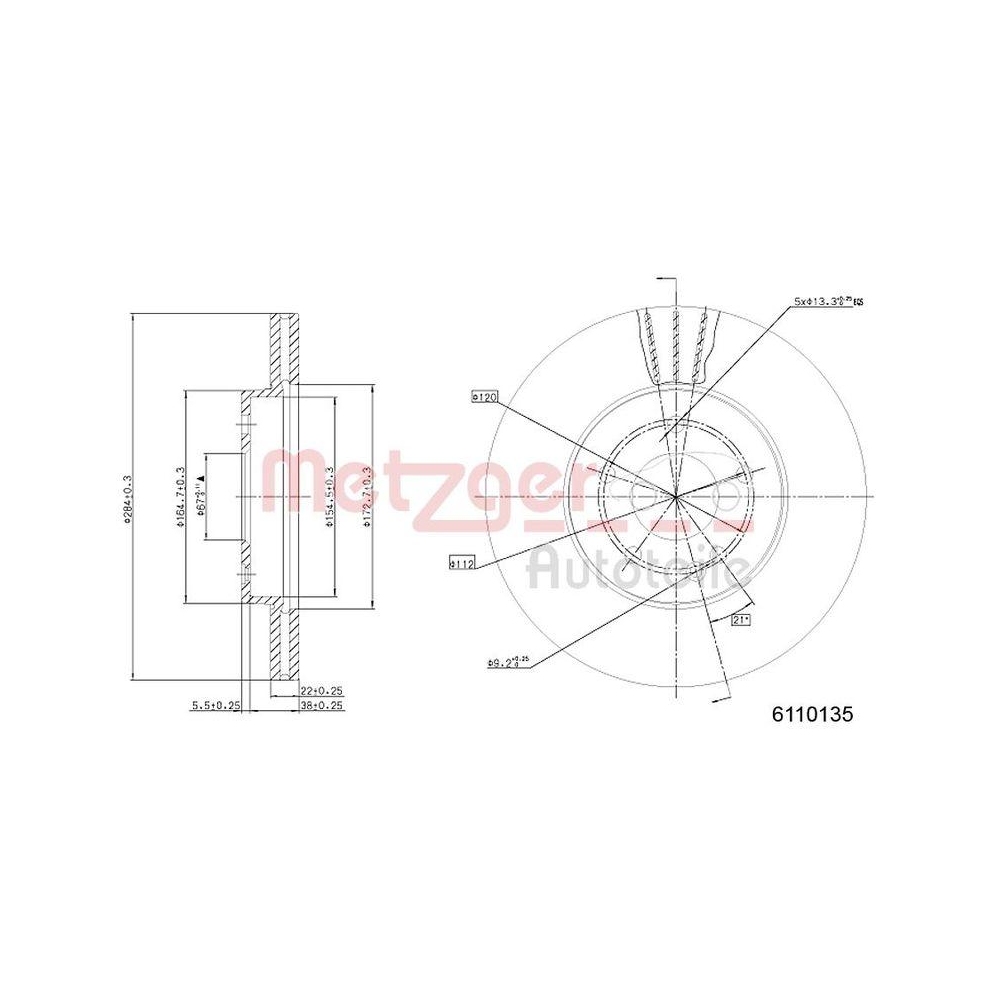 Bremsscheibe METZGER 6110135 f&uuml;r MERCEDES-BENZ CORD, Vorderachse links