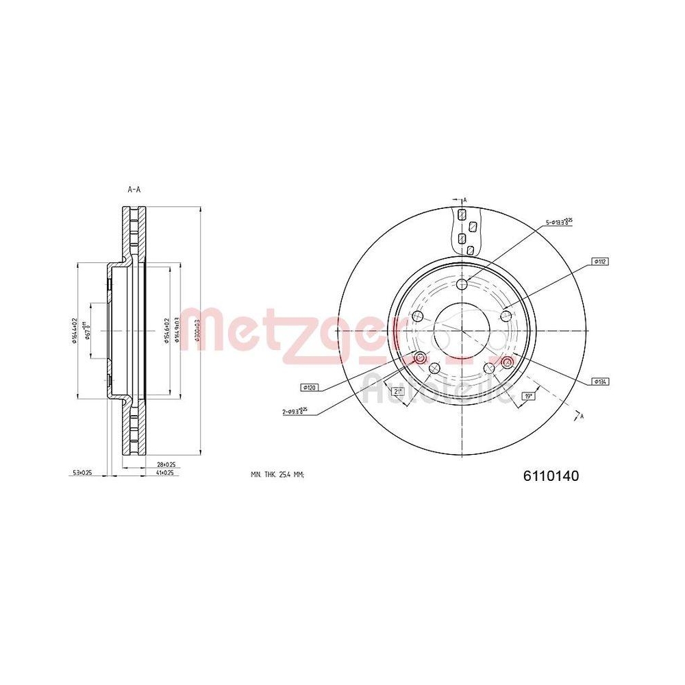 Bremsscheibe METZGER 6110140 für CHRYSLER MERCEDES-BENZ, Vorderachse links