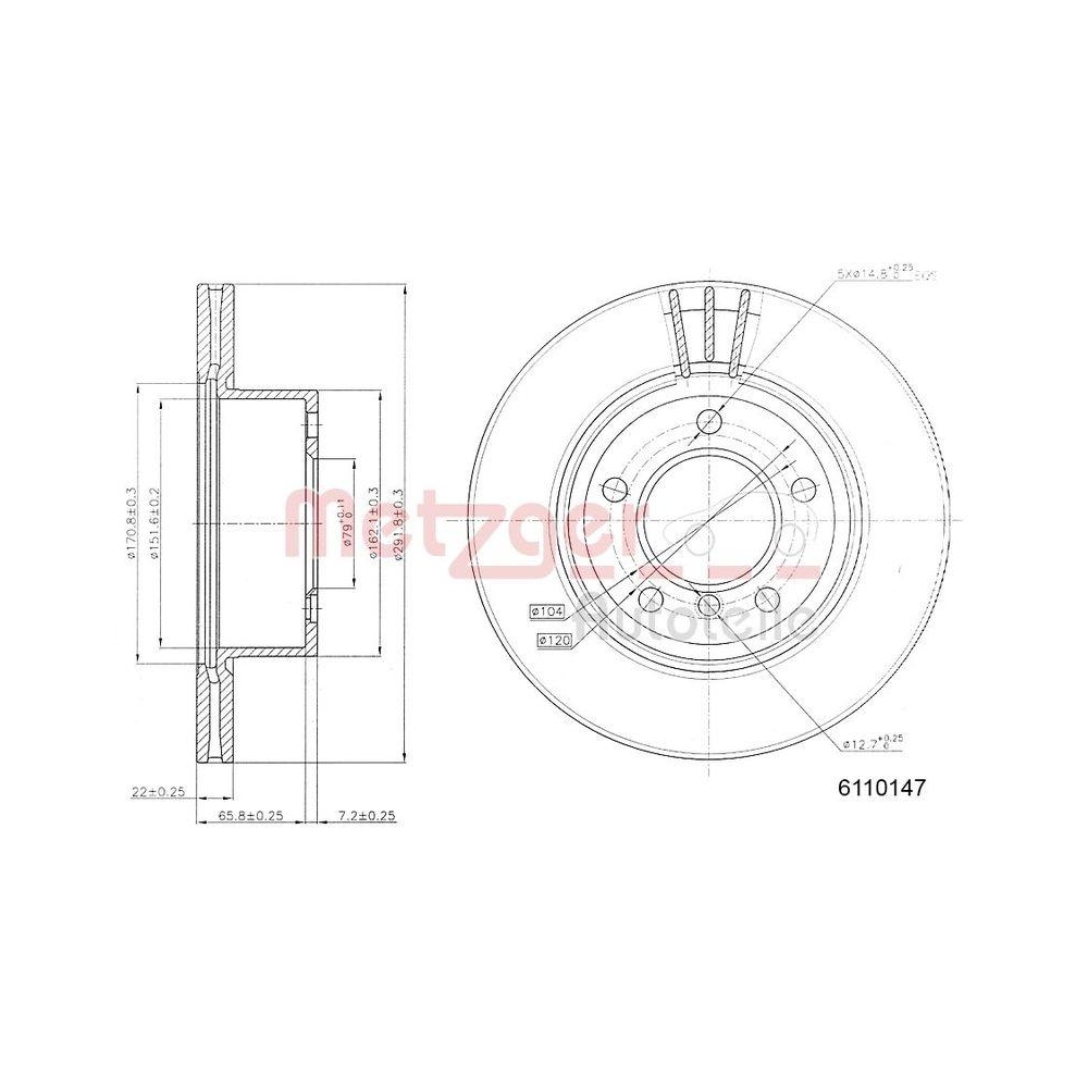 Bremsscheibe METZGER 6110147 f&uuml;r BMW FAW (TIANJIN), Vorderachse links