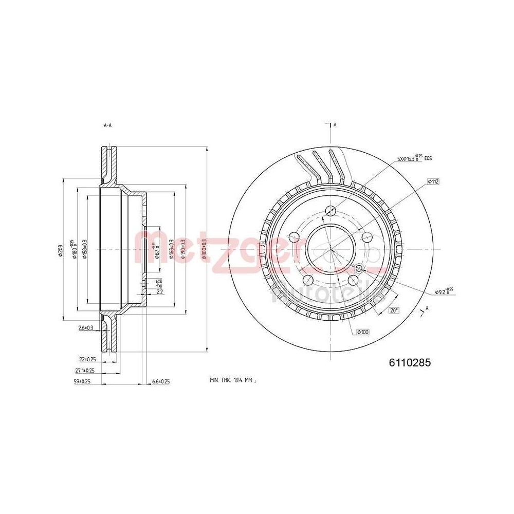 Bremsscheibe METZGER 6110285 GREENPARTS für MERCEDES-BENZ, Hinterachse