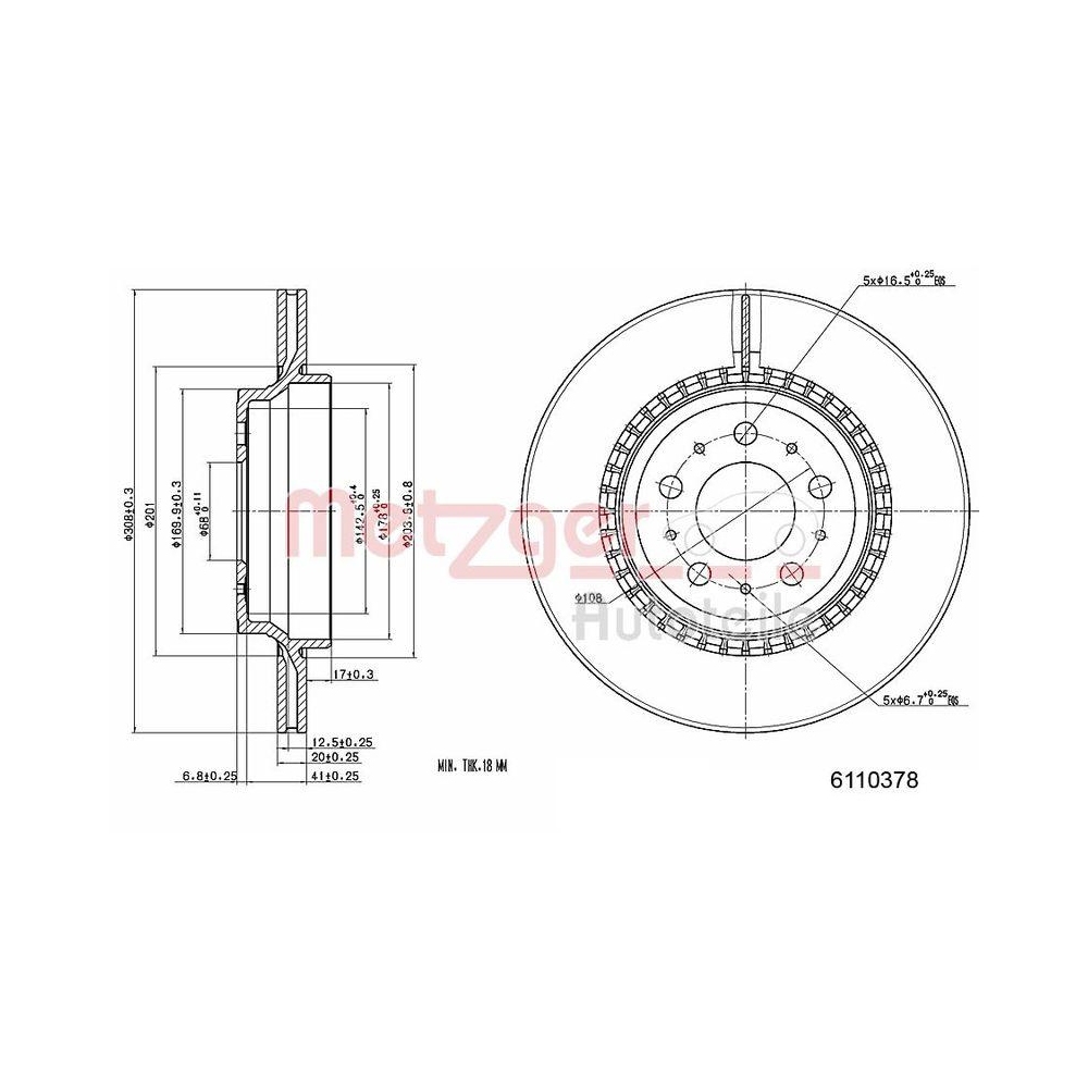 Bremsscheibe METZGER 6110378 GREENPARTS f&uuml;r VOLVO, Hinterachse