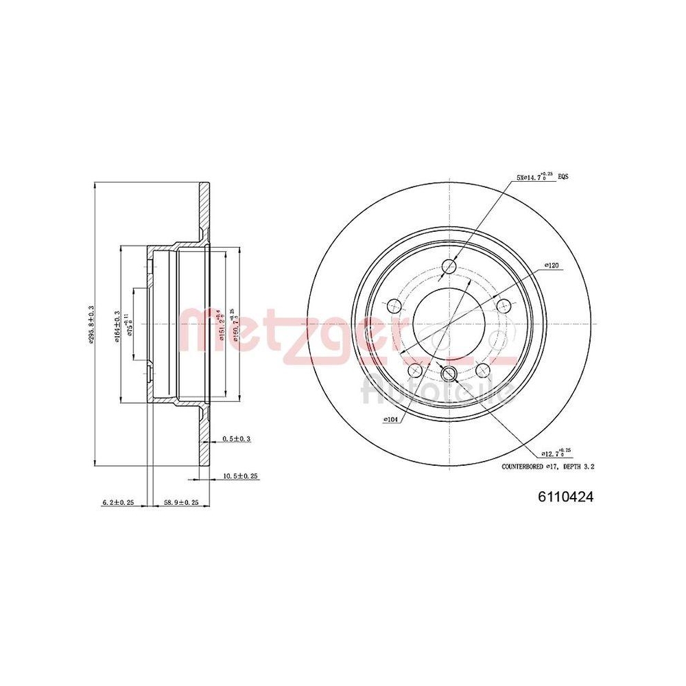 Bremsscheibe METZGER 6110424 f&uuml;r BMW, Hinterachse