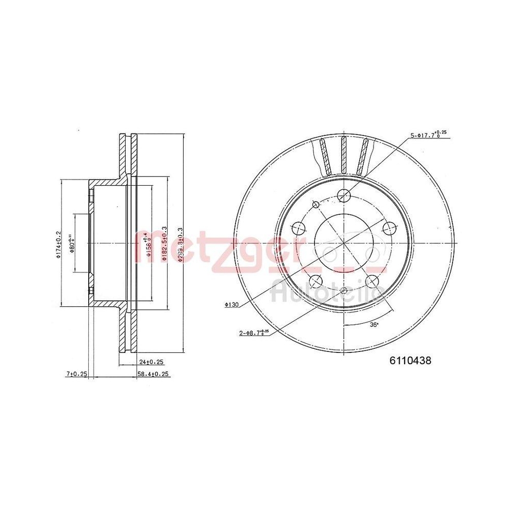 Bremsscheibe METZGER 6110438 f&uuml;r CITRO&Euml;N FIAT PEUGEOT, Vorderachse links