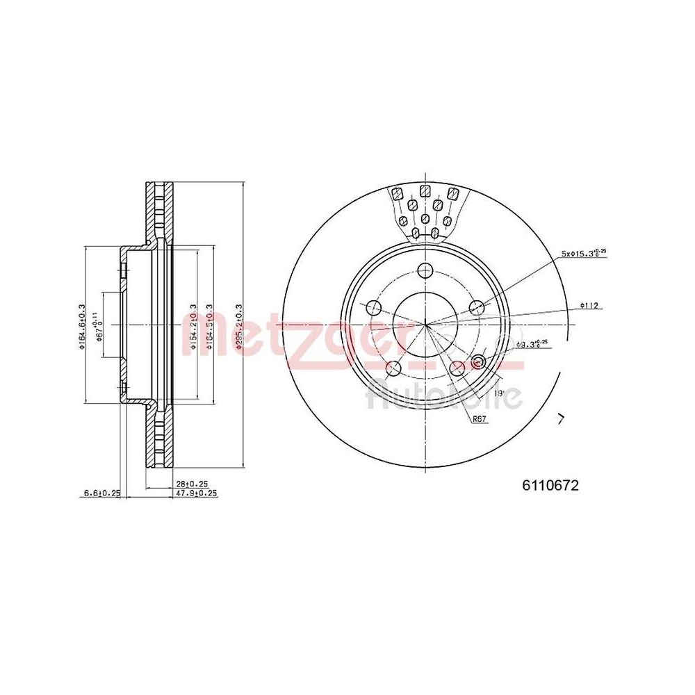 Bremsscheibe METZGER 6110672 f&uuml;r MERCEDES-BENZ BAOLONG, Vorderachse links
