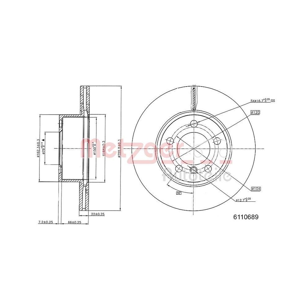 Bremsscheibe METZGER 6110689 f&uuml;r BMW, Vorderachse links, Vorderachse rechts