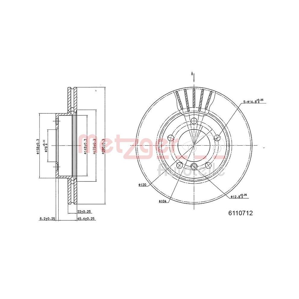 Bremsscheibe METZGER 6110712 f&uuml;r BMW MINI DUESENBERG, Vorderachse links