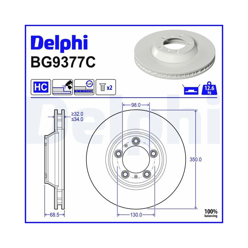 DELPHI BG9377C 2 St&uuml;ck Bremsscheiben f&uuml;r PORSCHE, Vorderachse, Vorderachse rechts