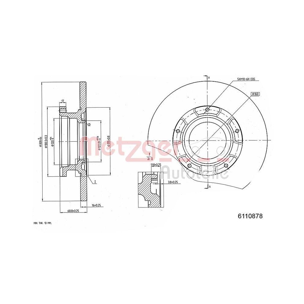 Bremsscheibe METZGER 6110878 f&uuml;r FORD, Hinterachse