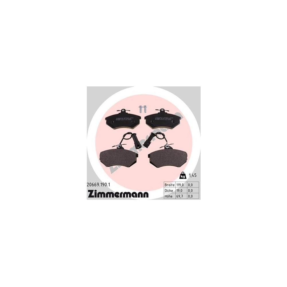Bremsbelagsatz, Scheibenbremse ZIMMERMANN 20669.190.1 f&uuml;r VAG CHERY, Vorderachse