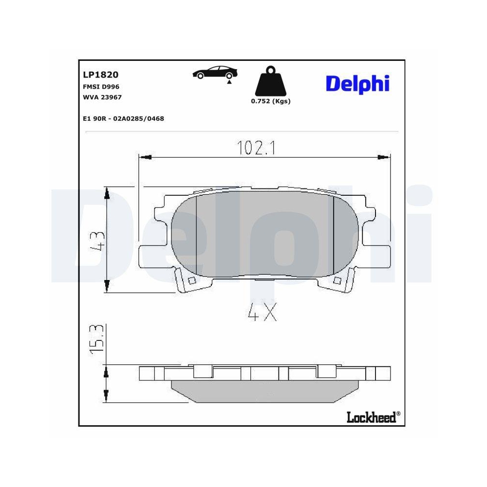 DELPHI LP1820 Bremsbelagsatz, Scheibenbremse f&uuml;r TOYOTA LEXUS, Hinterachse