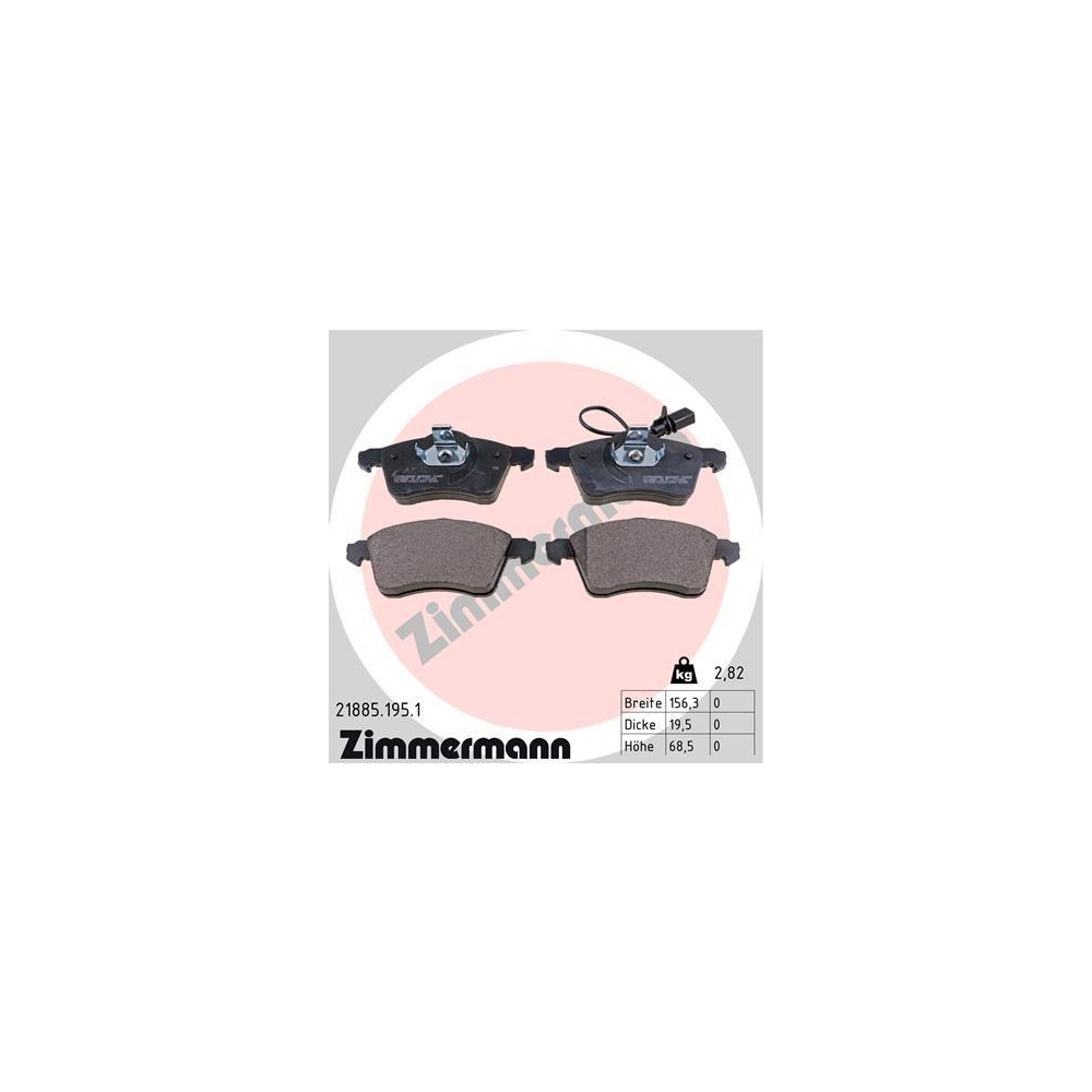 Bremsbelagsatz, Scheibenbremse ZIMMERMANN 21885.195.1 f&uuml;r VAG, Vorderachse