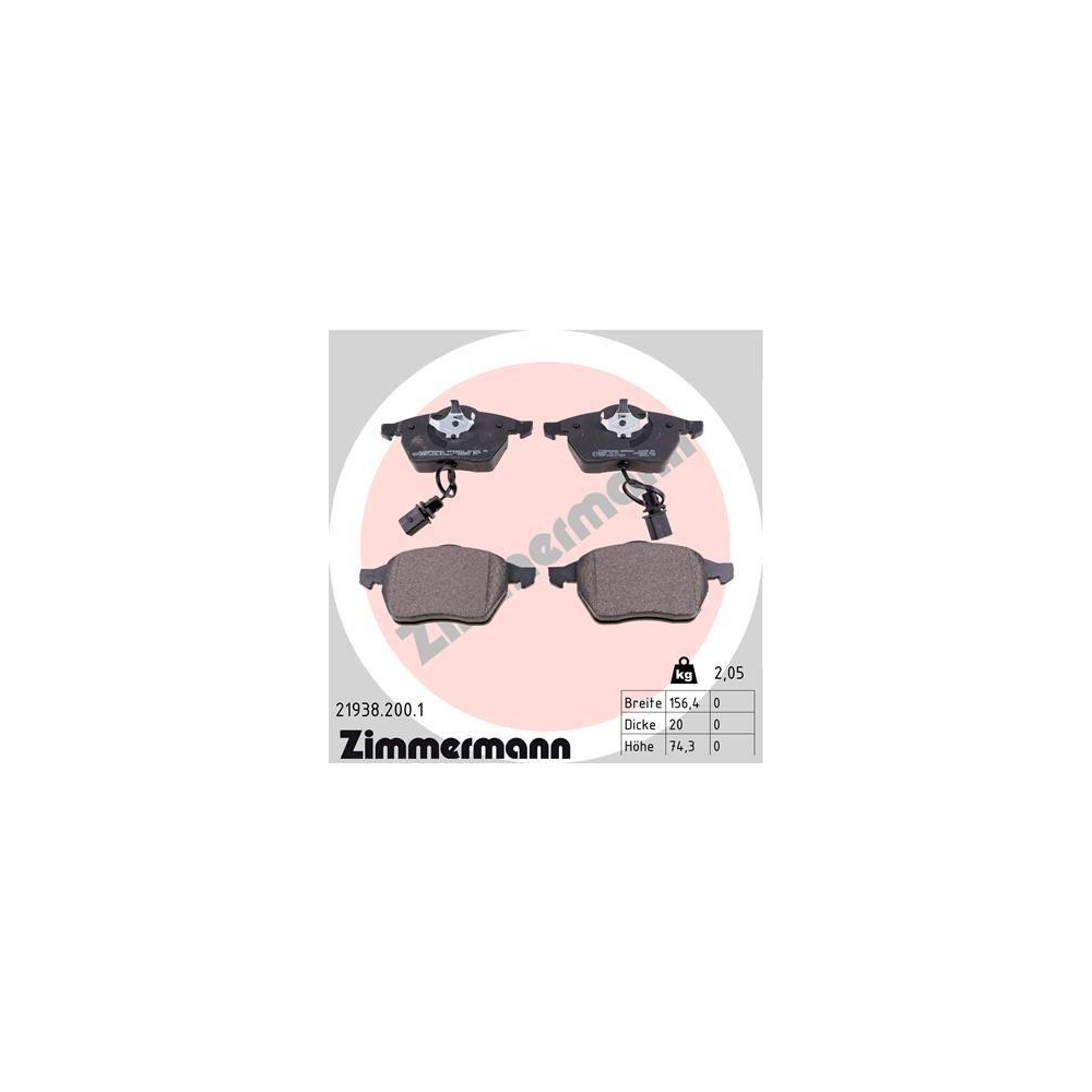 Bremsbelagsatz, Scheibenbremse ZIMMERMANN 21938.200.1 f&uuml;r VAG, Vorderachse