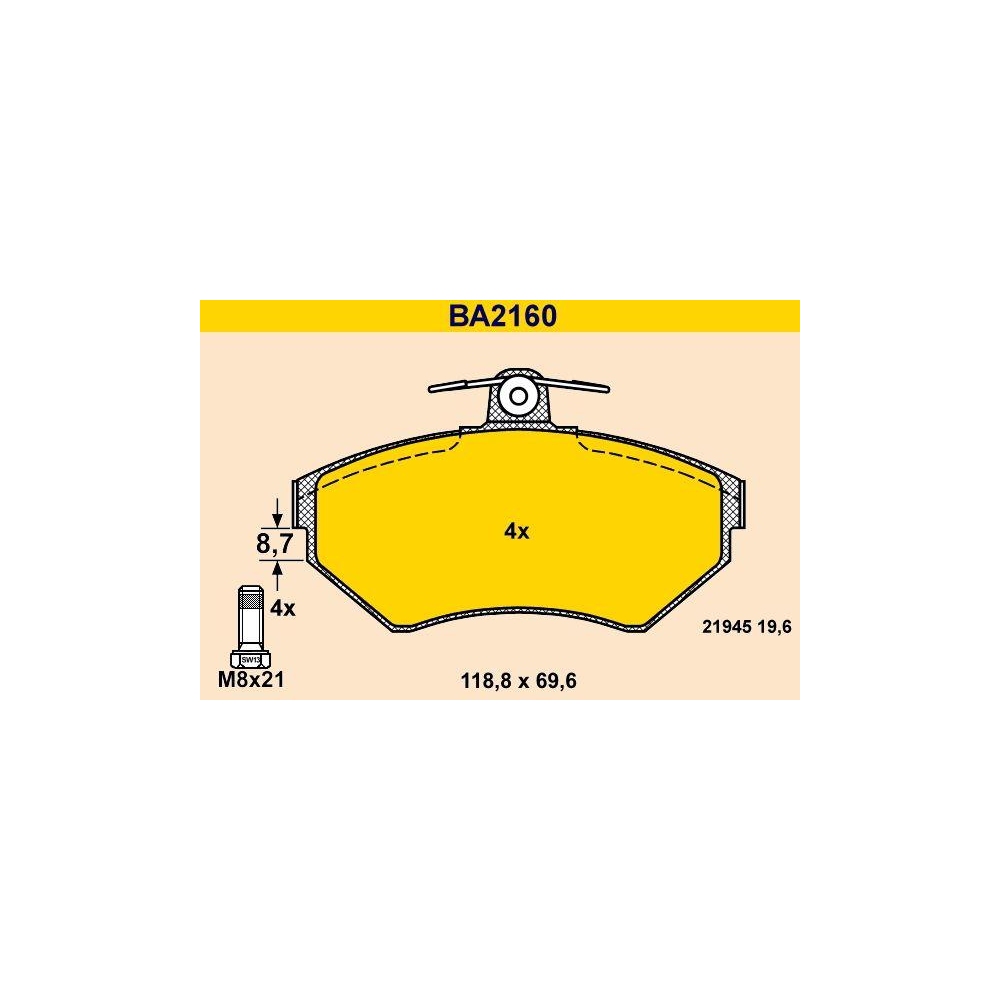 Bremsbelagsatz, Scheibenbremse BARUM BA2160 f&uuml;r VAG, Vorderachse