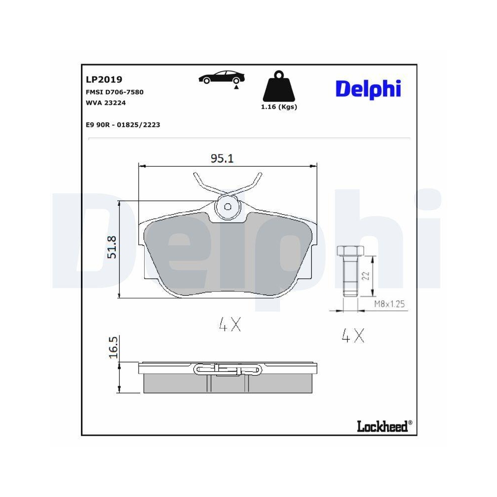 DELPHI LP2019 Bremsbelagsatz, Scheibenbremse f&uuml;r VW, Hinterachse