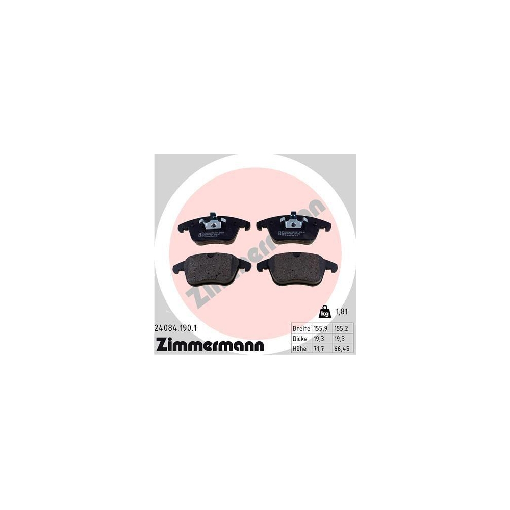 Bremsbelagsatz, Scheibenbremse ZIMMERMANN 24084.190.1 f&uuml;r JAGUAR MG, Vorderachse