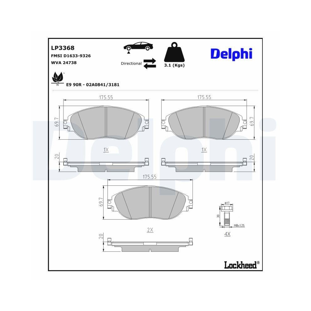 DELPHI LP3368 Bremsbelagsatz, Scheibenbremse f&uuml;r AUDI VW VW (FAW), Vorderachse