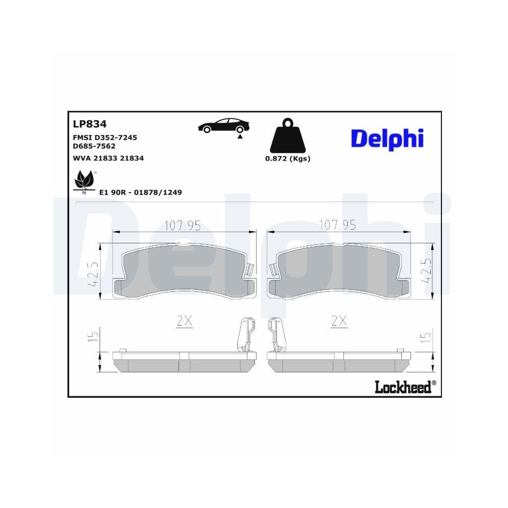 DELPHI LP834 Bremsbelagsatz, Scheibenbremse für TOYOTA LEXUS, Hinterachse