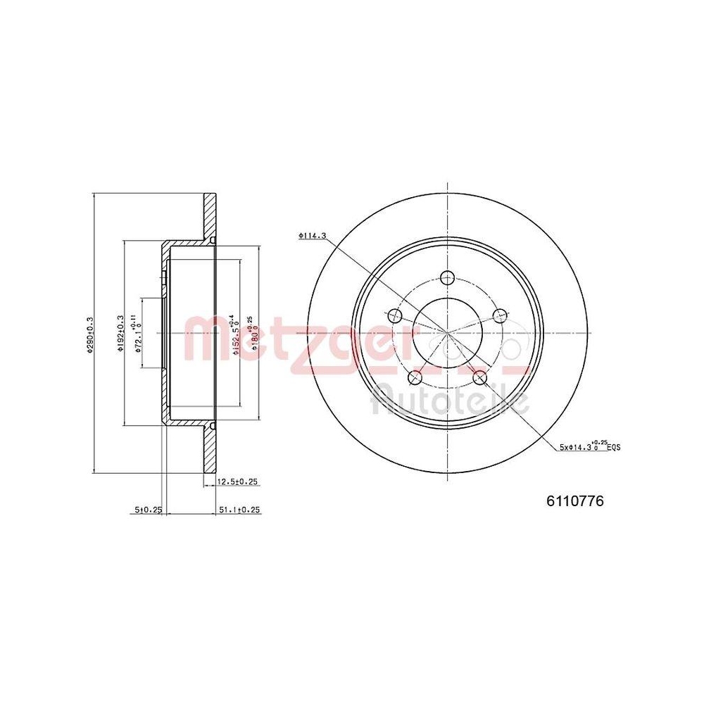 METZGER AUTOTEILE 6110776 2 St&uuml;ck Bremsscheiben f&uuml;r CHRYSLER, Hinterachse