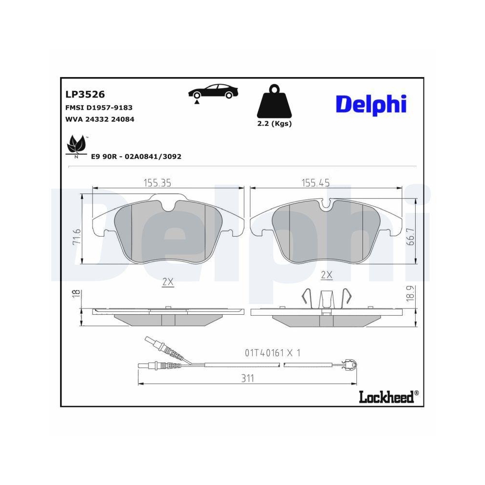 DELPHI LP3526 Bremsbelagsatz, Scheibenbremse f&uuml;r PEUGEOT, Vorderachse