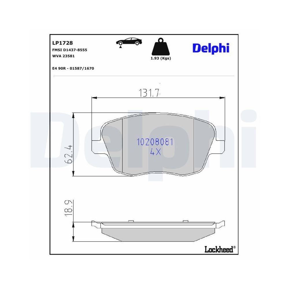 DELPHI LP1728 Bremsbelagsatz, Scheibenbremse f&uuml;r SEAT SKODA VW, Vorderachse