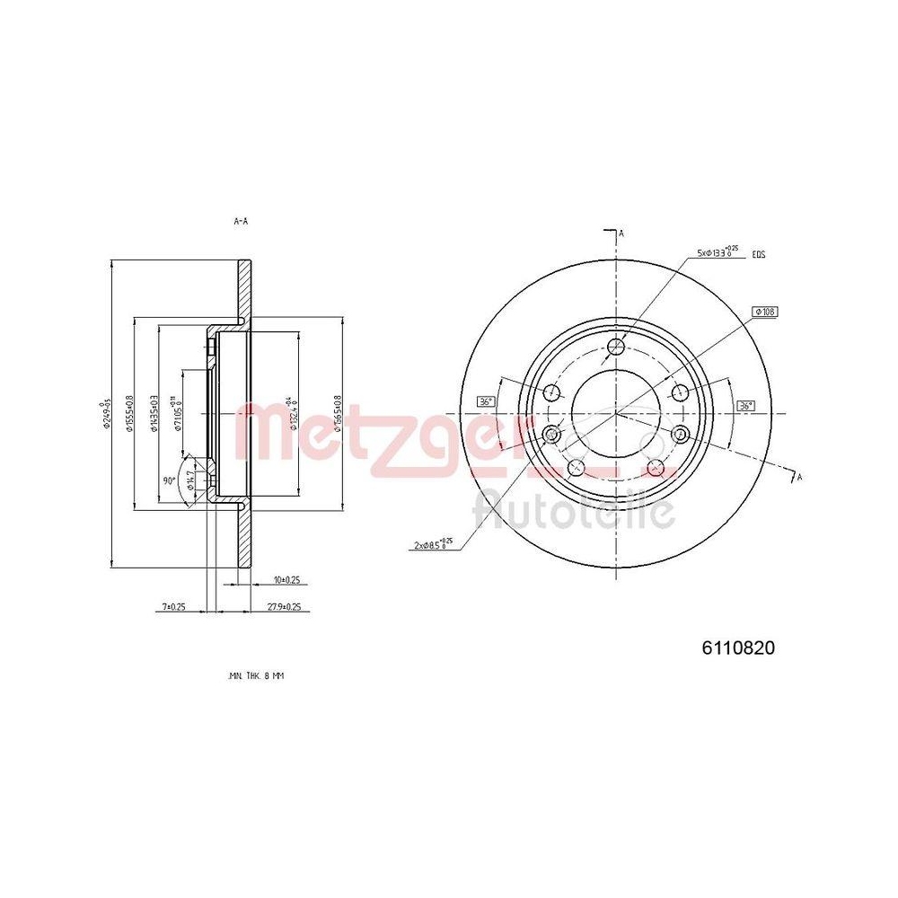 METZGER AUTOTEILE 6110820 2 St&uuml;ck Bremsscheiben f&uuml;r PEUGEOT, Hinterachse