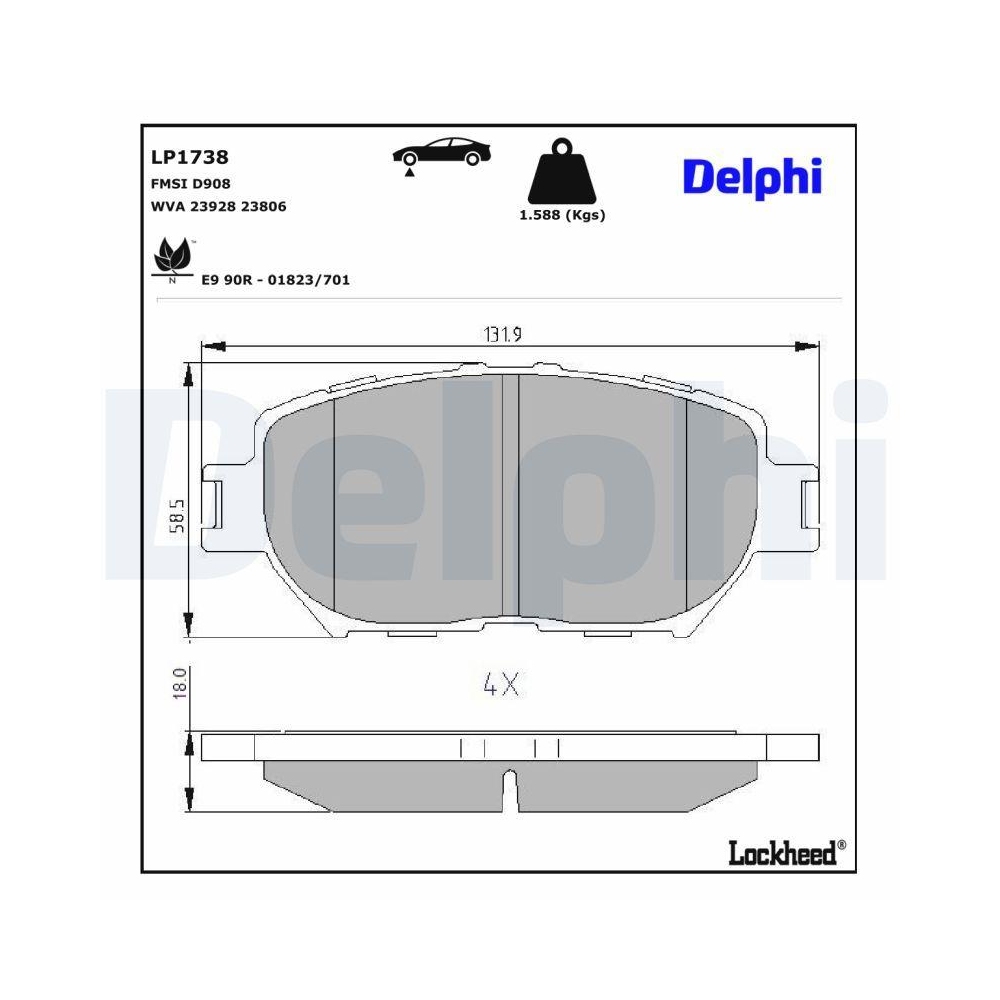 DELPHI LP1738 Bremsbelagsatz, Scheibenbremse f&uuml;r TOYOTA LEXUS, Vorderachse
