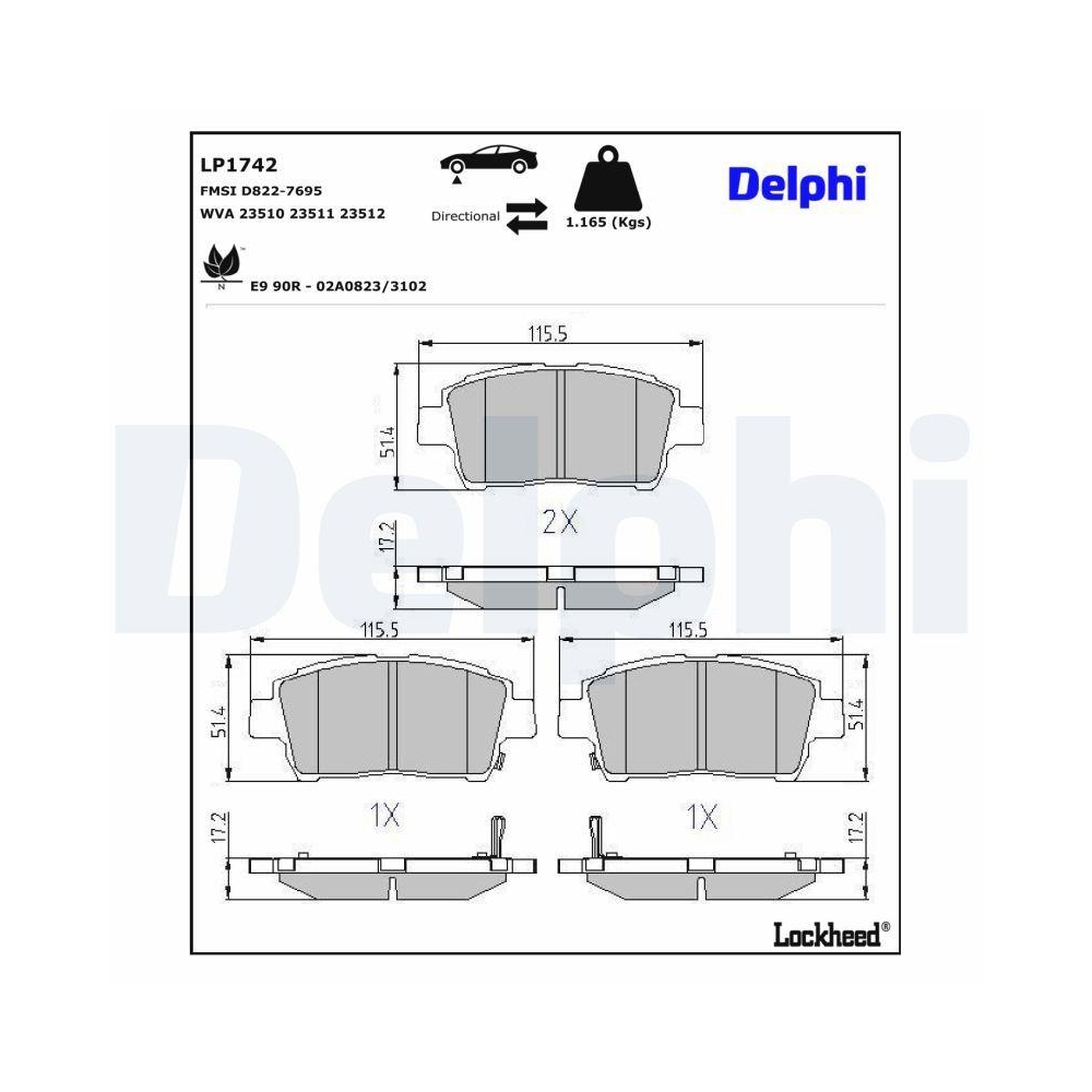 DELPHI LP1742 Bremsbelagsatz, Scheibenbremse f&uuml;r TOYOTA BYD, Vorderachse