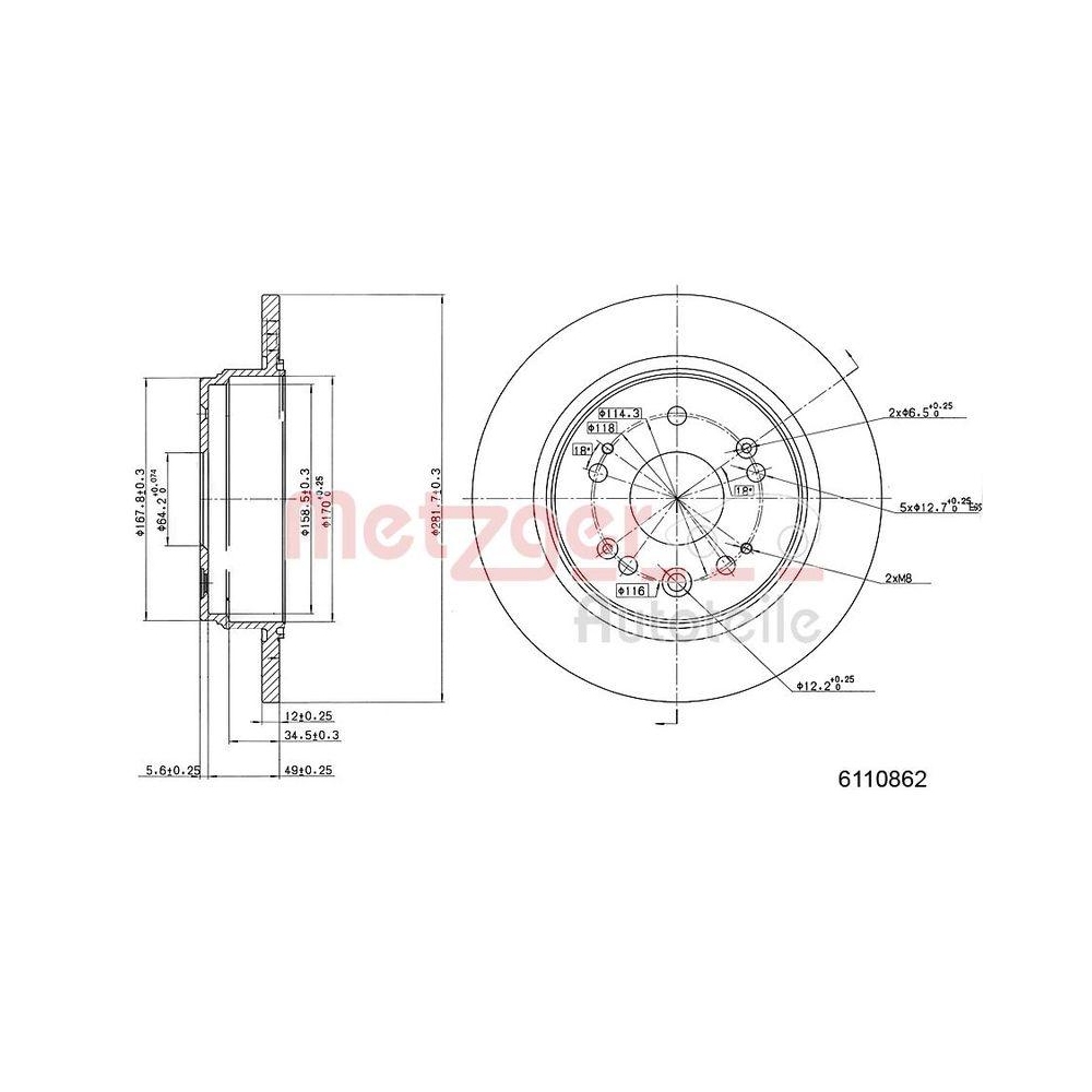 METZGER AUTOTEILE 6110862 2 St&uuml;ck Bremsscheiben f&uuml;r HONDA, Hinterachse