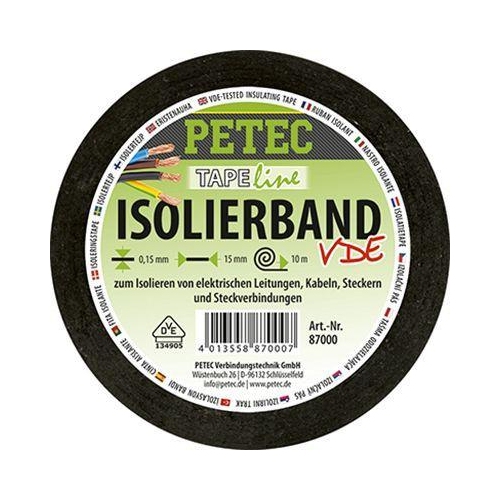 PETEC 10x 87000 Isolierband Schwarz 15mm x 0,15mm x 10m Elektro Isolierband