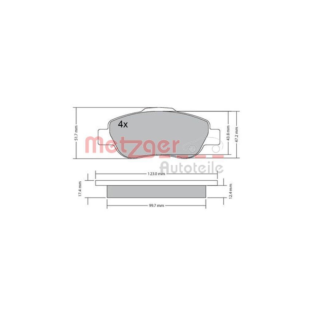 Bremsbelagsatz, Scheibenbremse METZGER 1170440 f&uuml;r FIAT, Vorderachse