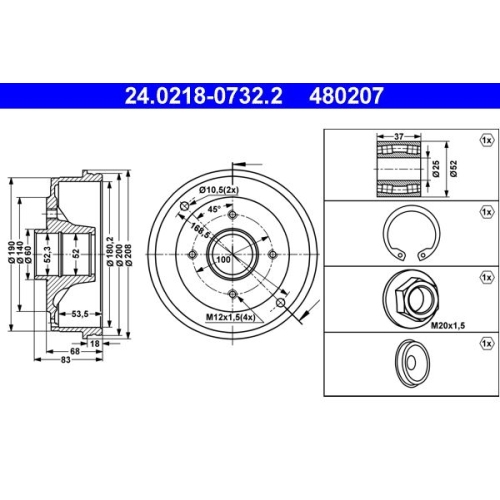 Bremstrommel ATE 24.0218-0732.2 f&uuml;r RENAULT DACIA, Hinterachse