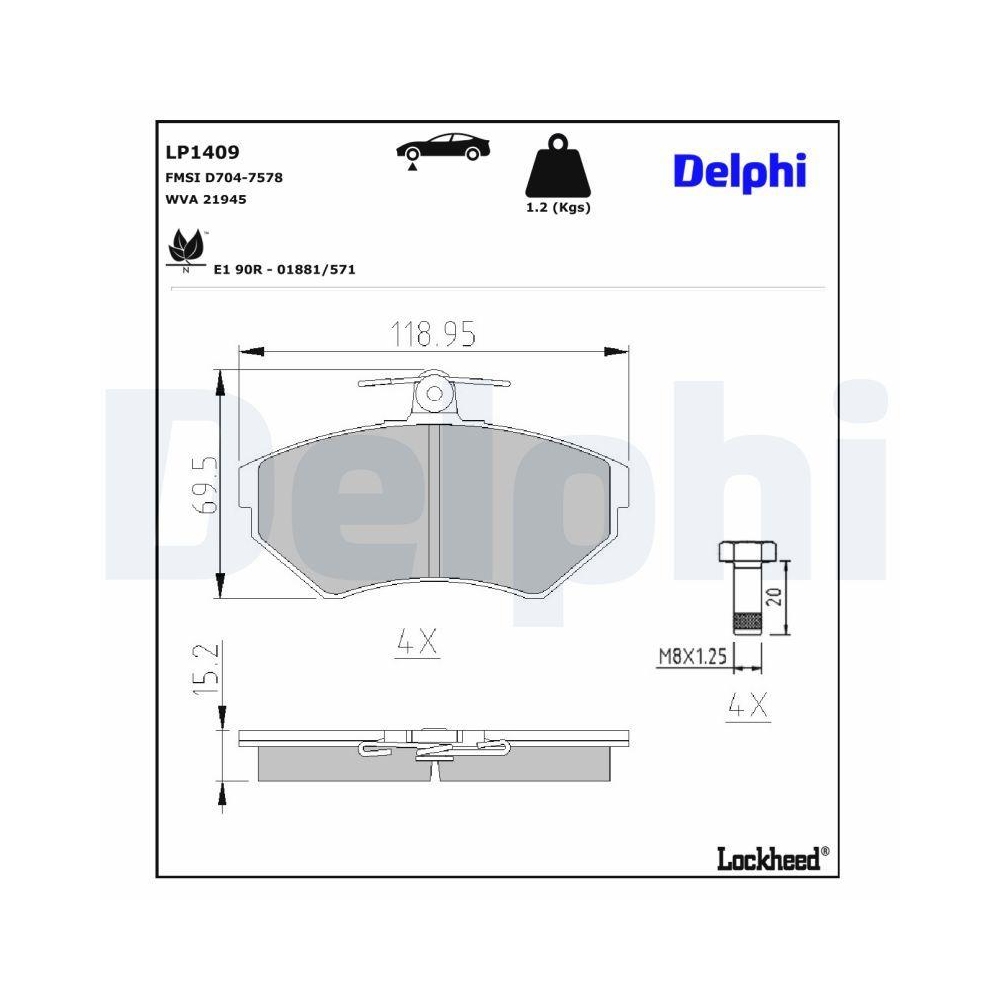DELPHI LP1409 Bremsbelagsatz, Scheibenbremse f&uuml;r AUDI SEAT VW, Vorderachse