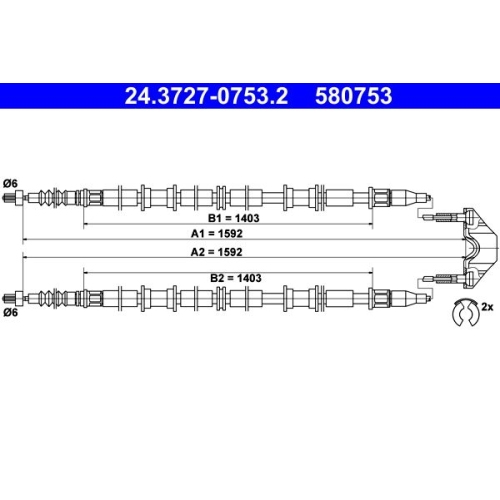 Seilzug, Feststellbremse ATE 24.3727-0753.2 f&uuml;r OPEL VAUXHALL, hinten