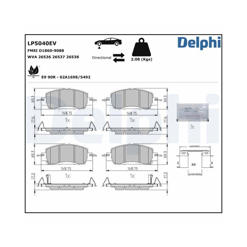 Bremsbelagsatz, Scheibenbremse DELPHI LP5040EV f&uuml;r HONDA, Vorderachse